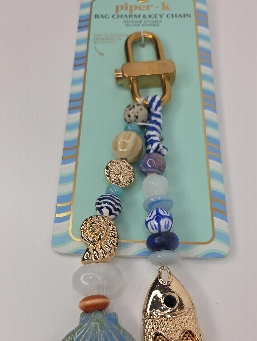 ✨️▪️piper K ▪️ Blue & Gold Beaded Fish and Shell Key Chain Charm